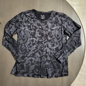 Women's Long Sleeve Patterned Top - Black and Gray, Medium Petite, CARROLL REED